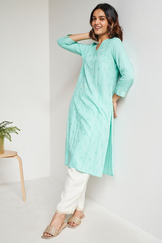 Solid Embroidered Straight Kurta, Mint, image 3